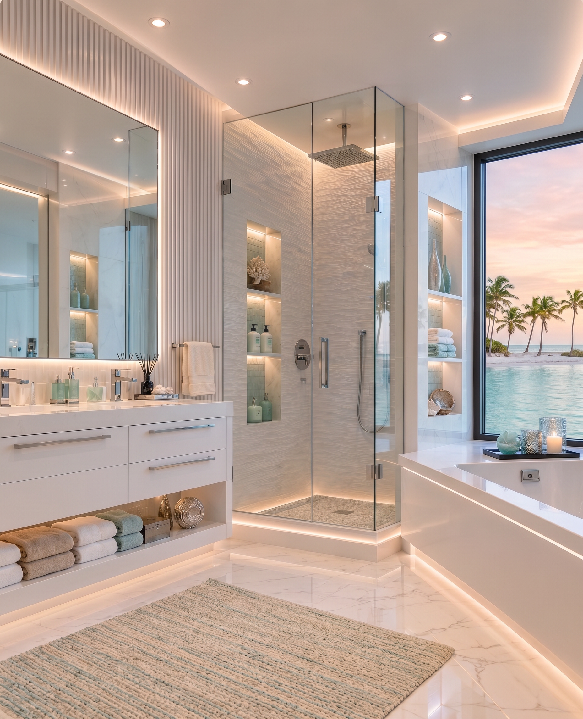 Gulf-view spa bath with lighted niches