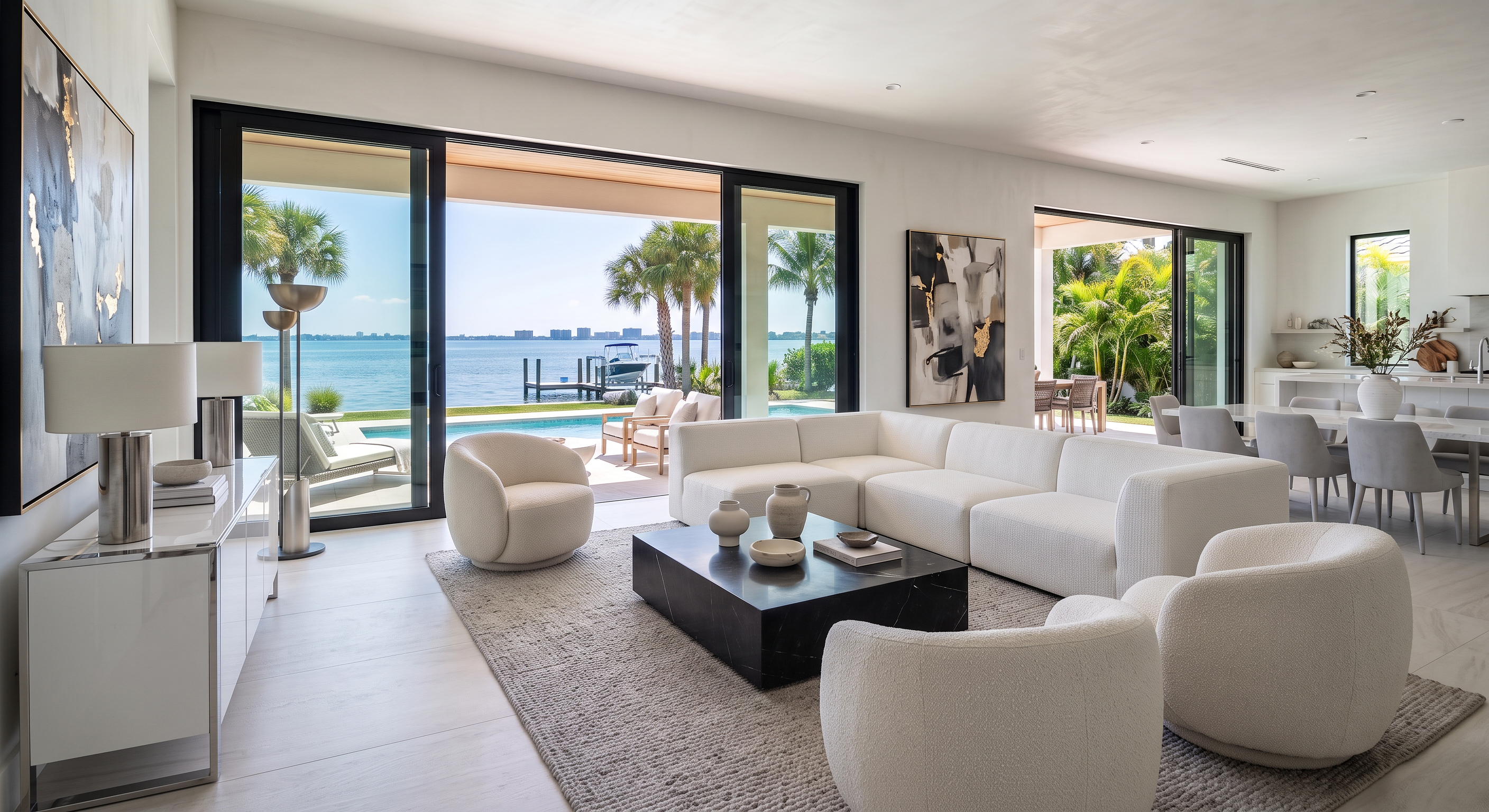 Signature Room design concept: contemporary living room with water views