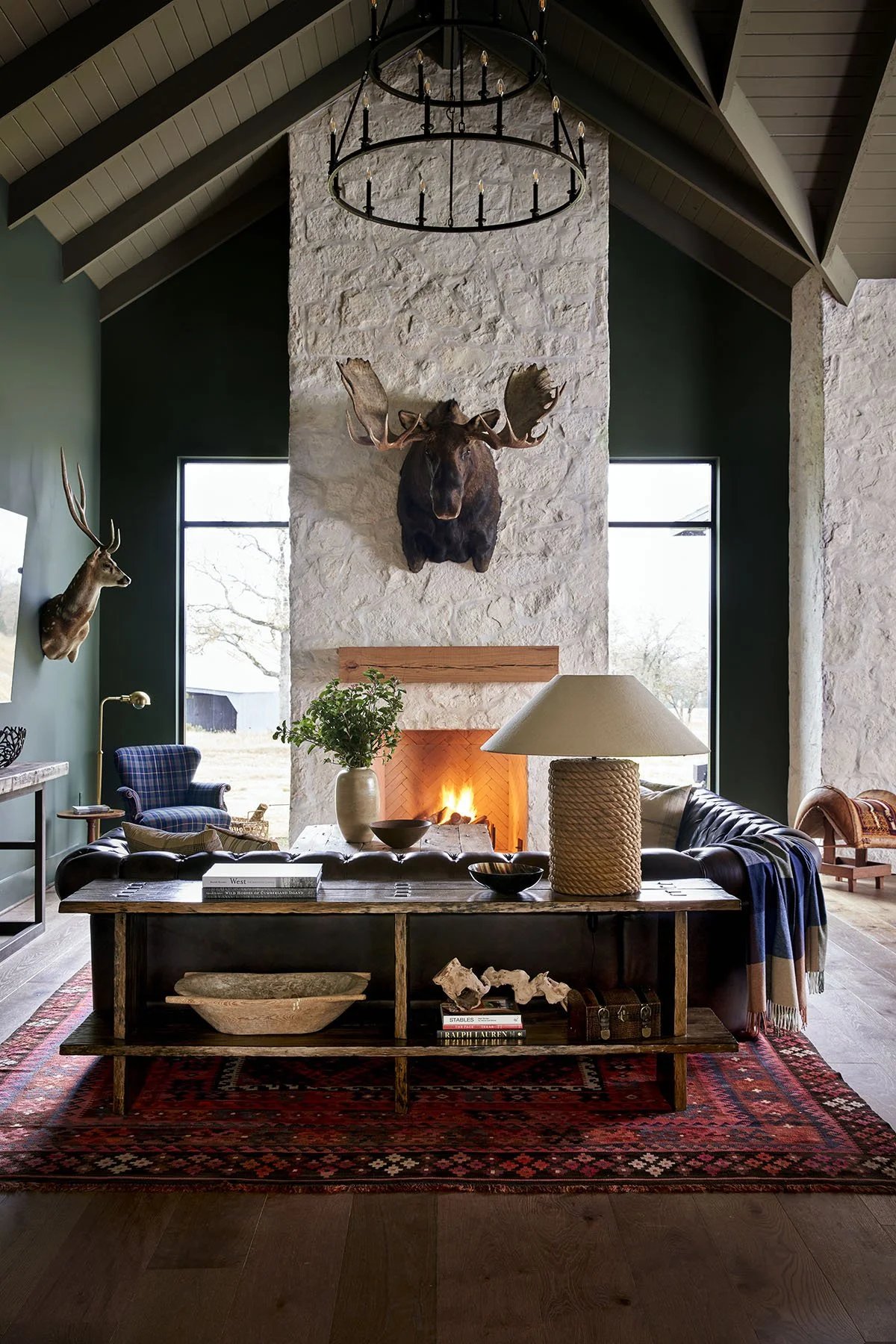 Living Room with Stone Fireplace, Round Top