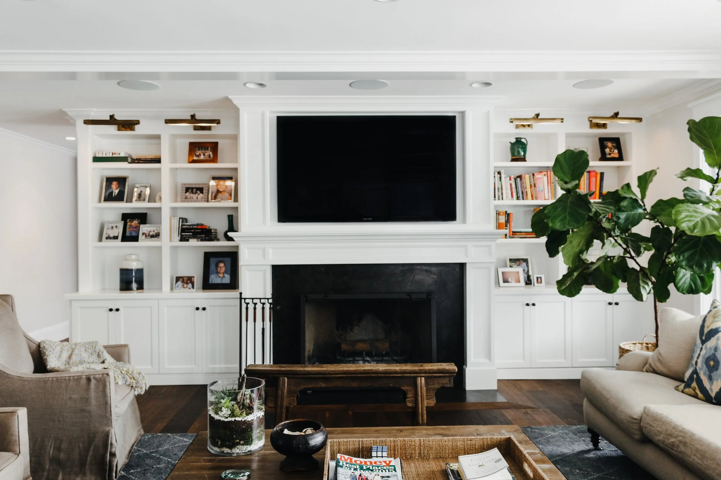 Fireplace Wall with Library Built-Ins