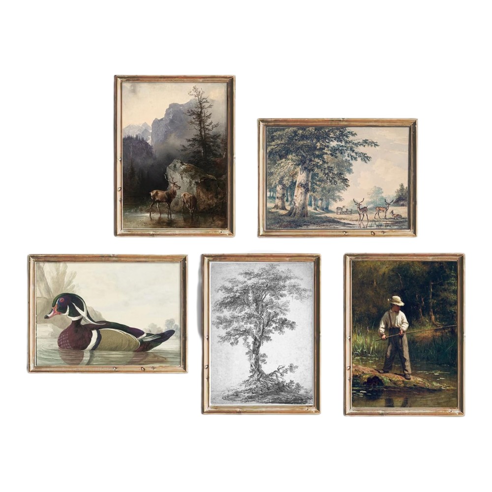 Vintage Woodland Prints, Set of 5