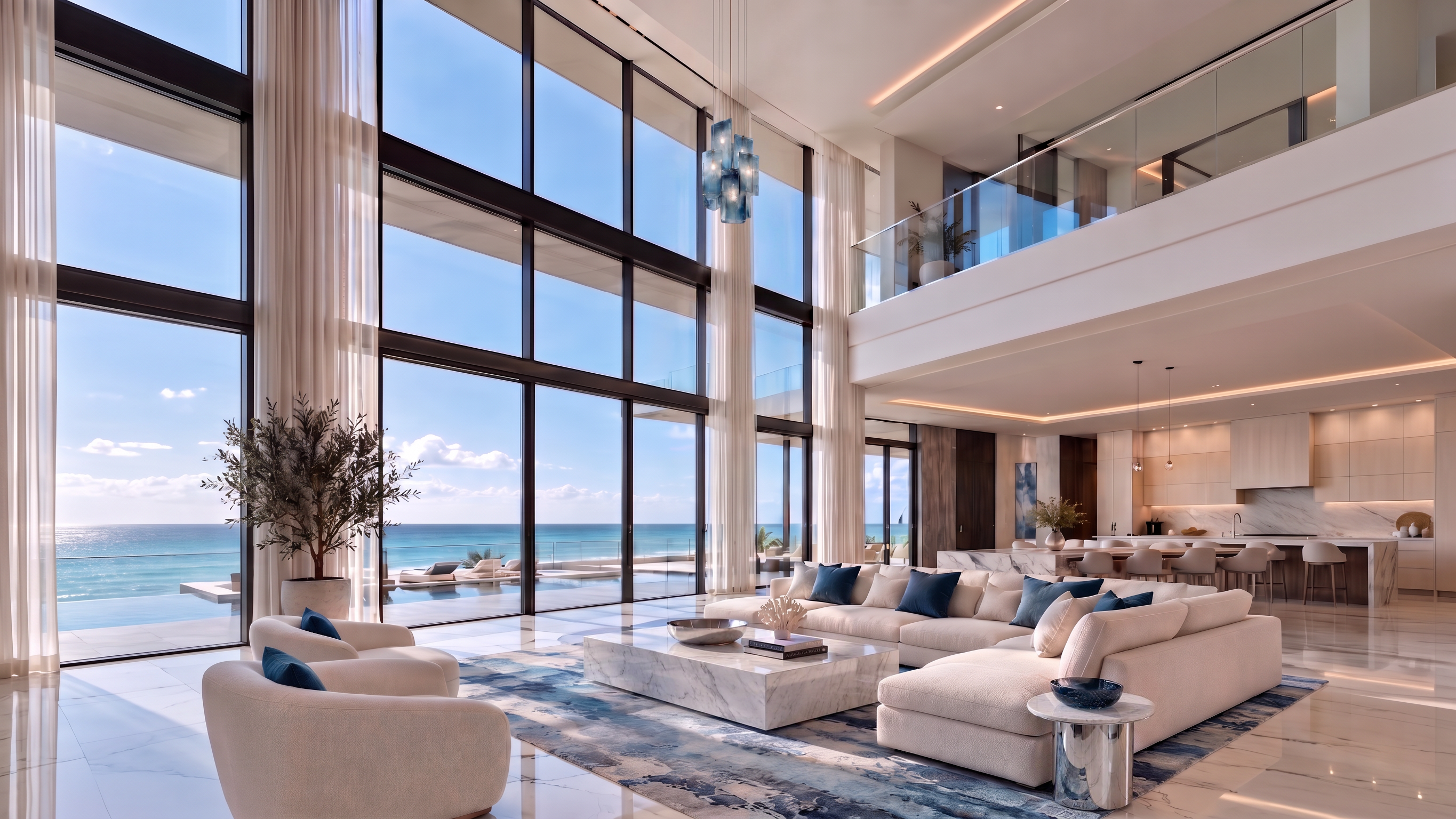 Oceanfront great room with floor-to-ceiling windows