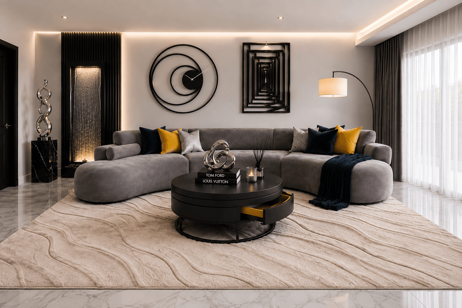 Great room with sculptural accents